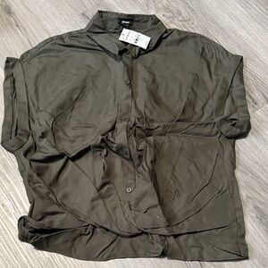 Express Olive Green Short-Sleeve Button Front Blouse